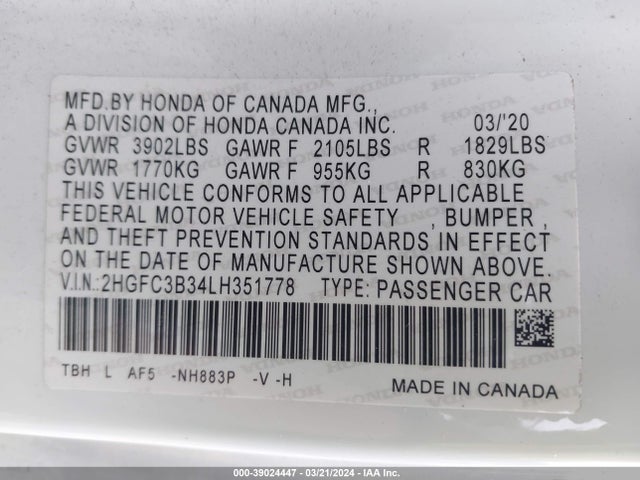 Honda CIVIC EX 2020 2HGFC3B34LH351778 Image 9
