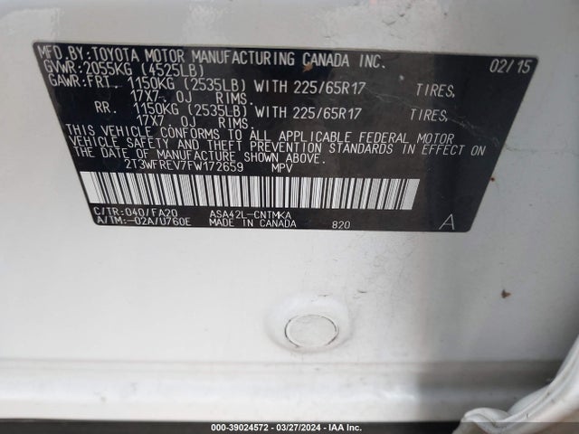 Toyota Rav4 Xle 2015 2T3WFREV7FW172659 Image 9