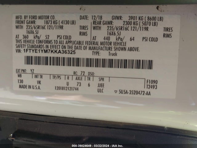 Ford Transit-150 2019 1FTYE1YM7KKA36325 Image 9
