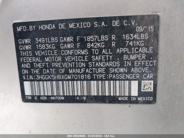 3HGGK5H8XGM701816 Honda Fit Ex-l