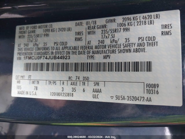 Ford ESCAPE S 2018 1FMCU0F74JUB44923 Image 9
