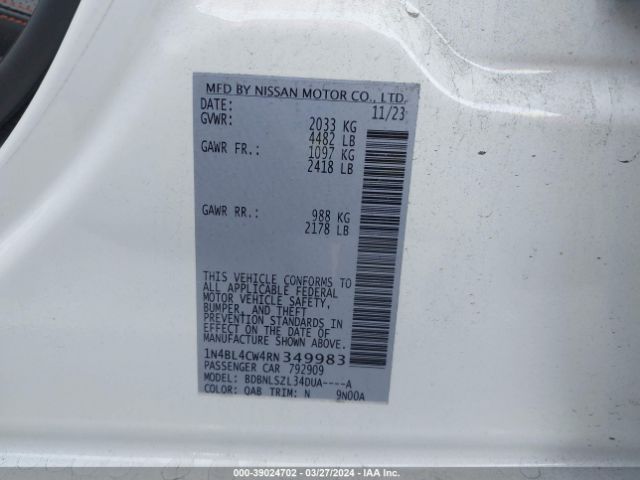1N4BL4CW4RN349983 Nissan Altima Sr Intelligent Awd