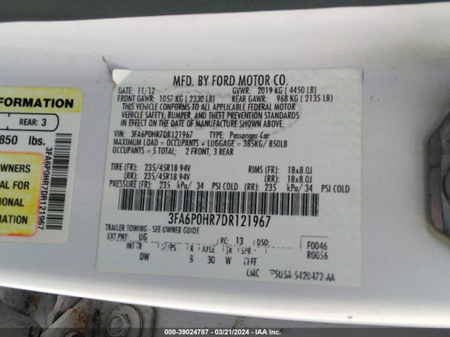 Aukcja sprzedaży 2013 Ford Fusion Se, vin: 3FA6P0HR7DR121967, numer aukcji: 39024787