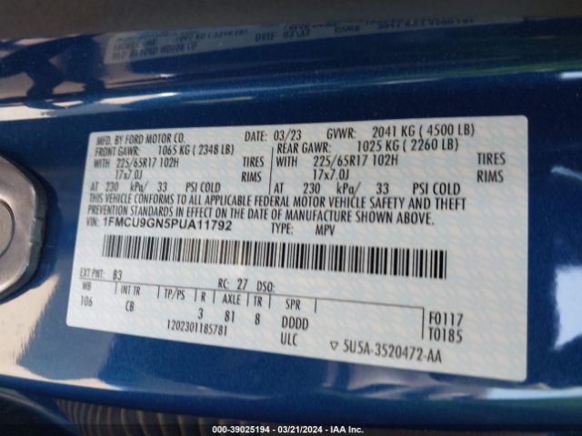1FMCU9GN5PUA11792 Ford Escape Active