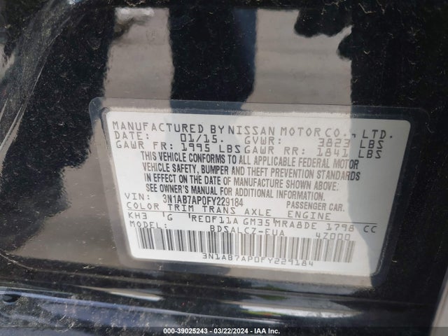 Nissan SENTRA S 2015 3N1AB7AP0FY229184 Image 9