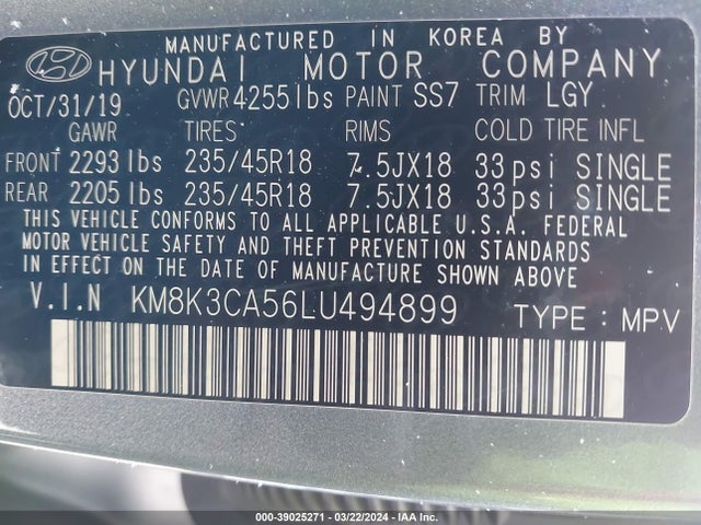 Hyundai Kona Limited 2020 KM8K3CA56LU494899 Image 9