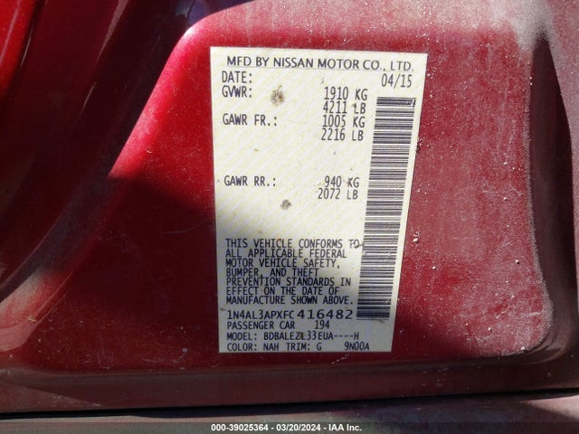 Nissan Altima 2.5 S 2015 1N4AL3APXFC416482 Image 9