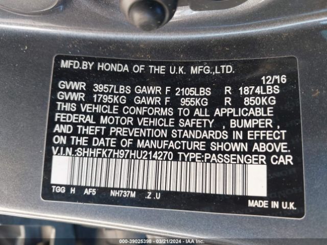 SHHFK7H97HU214270 Honda Civic Sport Touring