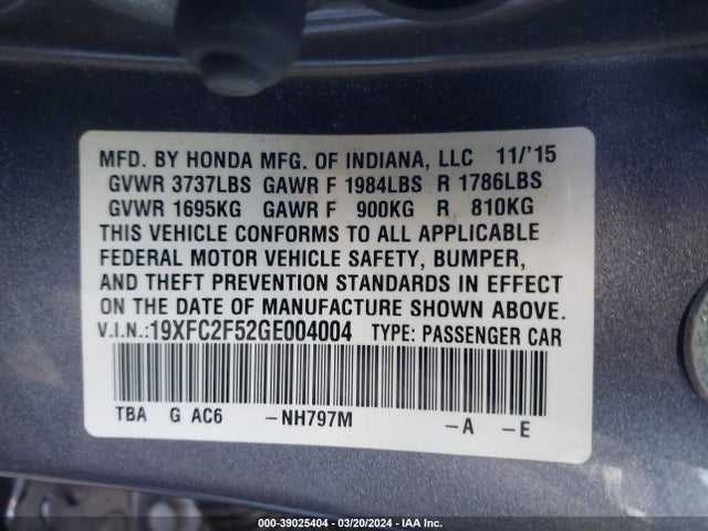 Honda Civic Lx 2016 19XFC2F52GE004004 Image 9