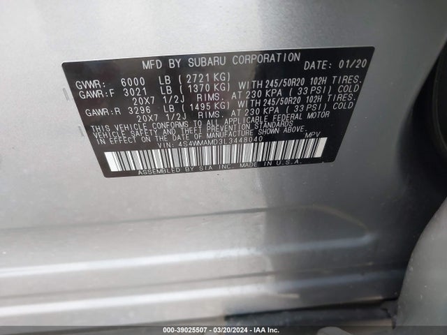 Subaru Ascent Limited 2020 4S4WMAMD3L3448040 Image 9