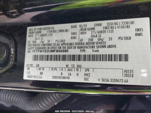 Ford F-150 Platinum 2021 1FTFW1ED3MFB66980 Image 9