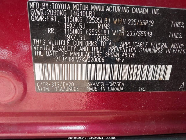 Toyota Rav4 Limited 2019 2T3Y1RFV7KW020008 Image 9