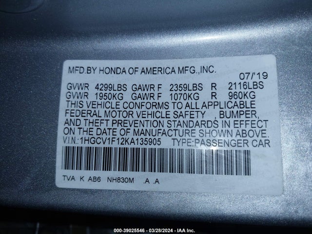 Honda ACCORD LX 2019 1HGCV1F12KA135905 Image 9