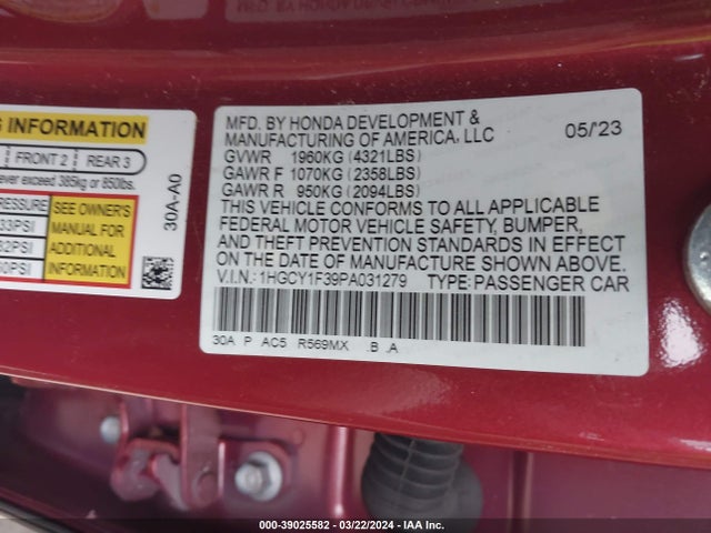 Honda ACCORD EX 2023 1HGCY1F39PA031279 Image 9