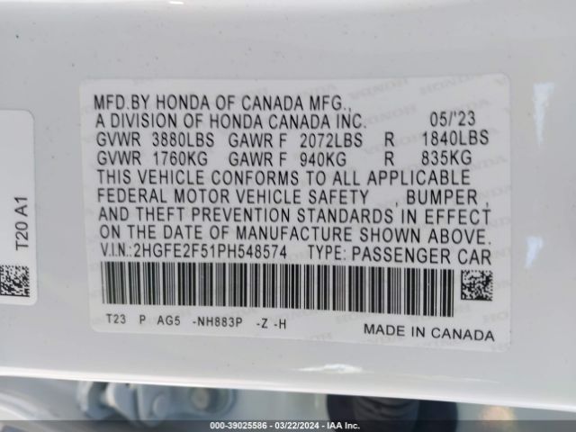 2HGFE2F51PH548574 Honda Civic Sport