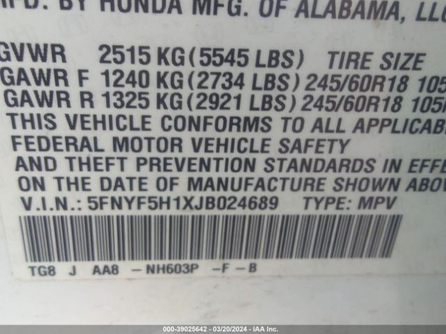 5FNYF5H1XJB024689 Honda PILOT LX