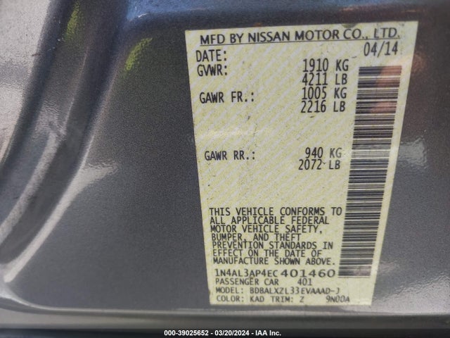 Nissan Altima 2.5 Sl 2014 1N4AL3AP4EC401460 Image 9