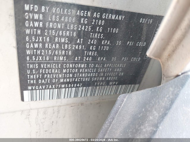WVGAV7AX7FW594842 Volkswagen TIGUAN S