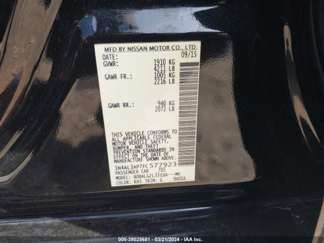 Продажа на аукционе авто 2015 Nissan Altima 2.5 S, vin: 1N4AL3AP7FC577923, номер лота: 39025681
