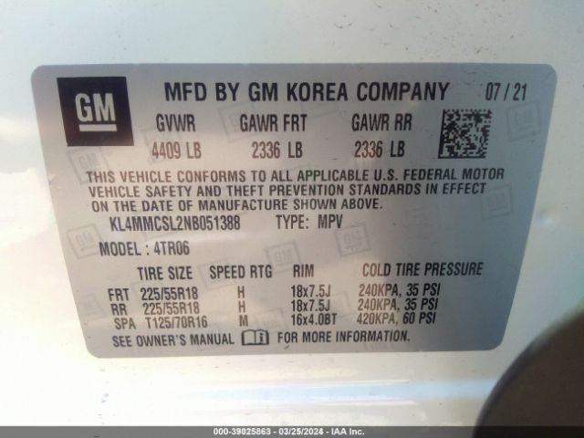 KL4MMCSL2NB051388 Buick Encore Gx Awd Preferred