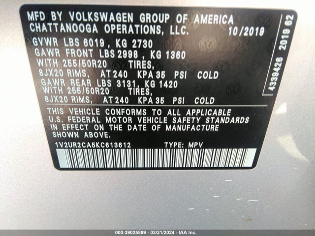1V2UR2CA5KC613612 Volkswagen Atlas 3.6l V6 Se W/technology
