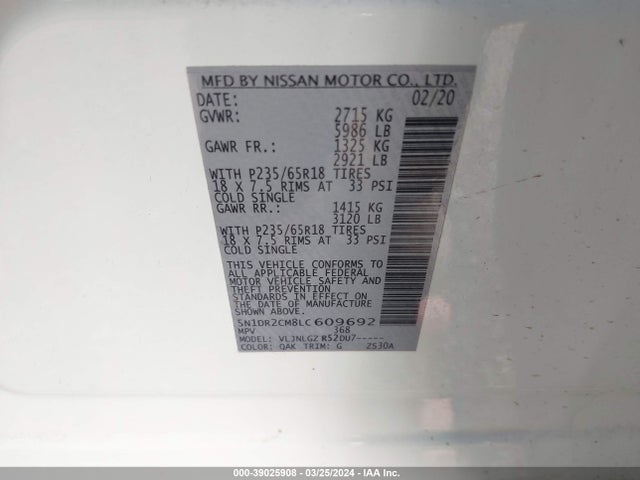 Nissan Pathfinder Sl 4wd 2020 5N1DR2CM8LC609692 Image 9