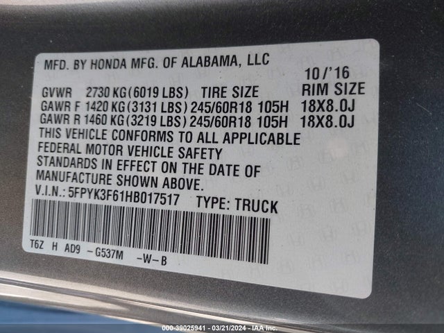 Honda Ridgeline Rtl-t 2017 5FPYK3F61HB017517 Image 9