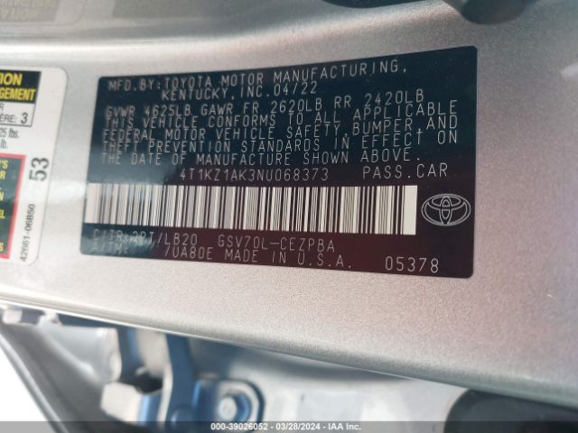 4T1KZ1AK3NU068373 Toyota Camry Xse V6