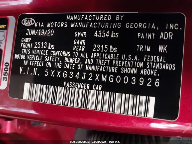 KIA K5 EX 2021 5XXG34J2XMG003926 Image 9