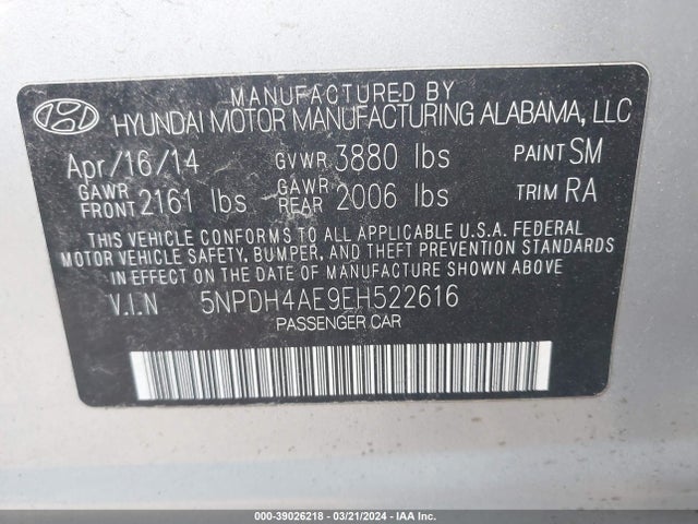 Hyundai ELANTRA SE 2014 5NPDH4AE9EH522616 Image 9