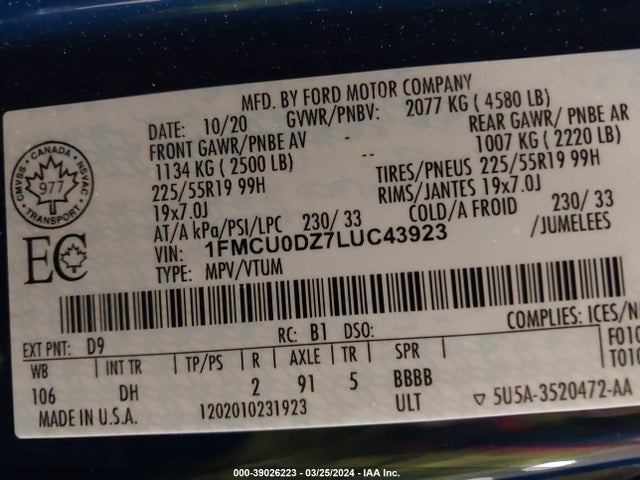 Ford Escape Titanium Hybrid 2020 1FMCU0DZ7LUC43923 Image 9