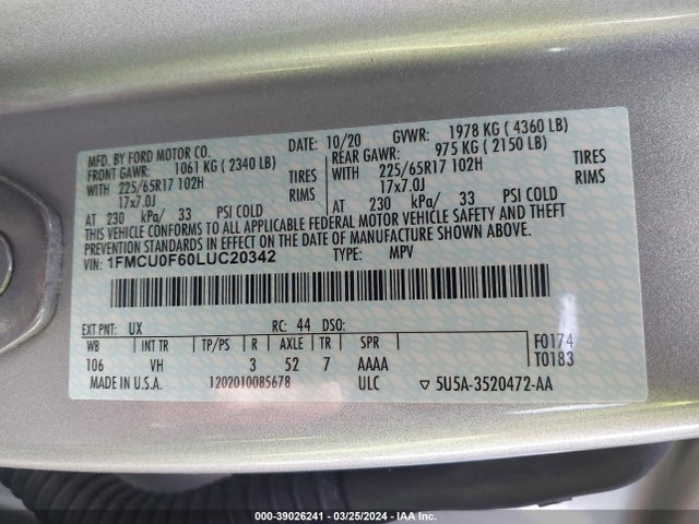 Ford ESCAPE S 2020 1FMCU0F60LUC20342 Image 9