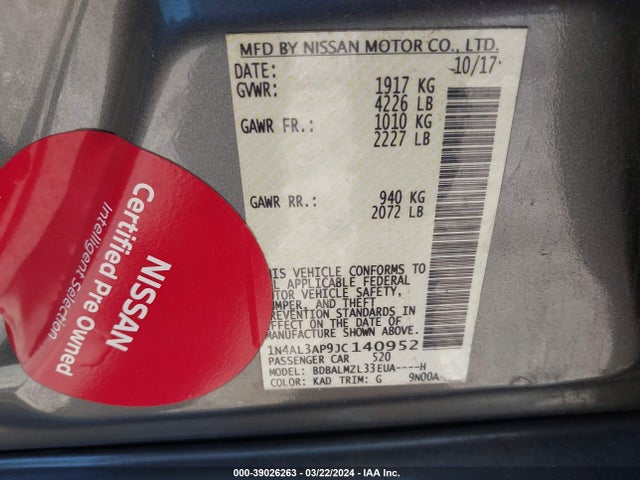 2018 Nissan Altima 2.5 Sv მანქანა იყიდება აუქციონზე, vin: 1N4AL3AP9JC140952, აუქციონის ნომერი: 39026263
