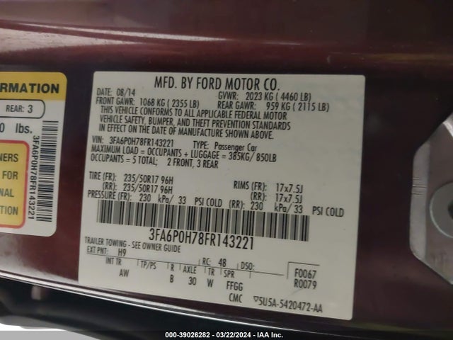 Ford FUSION SE 2015 3FA6P0H78FR143221 Image 9