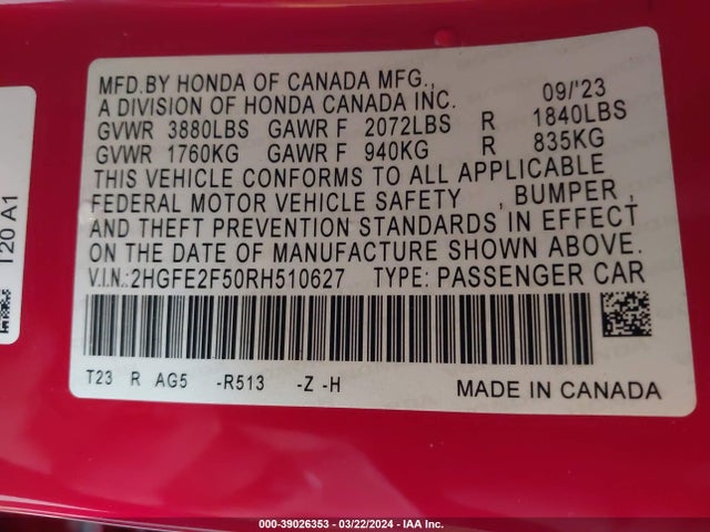 Honda Civic Sport 2024 2HGFE2F50RH510627 Image 9