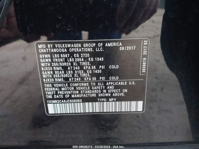 1V2NR2CA5JC528353 Volkswagen Atlas 3.6l V6 Sel Premium