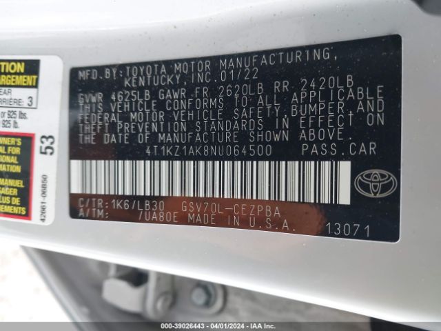 4T1KZ1AK8NU064500 Toyota Camry Xse V6
