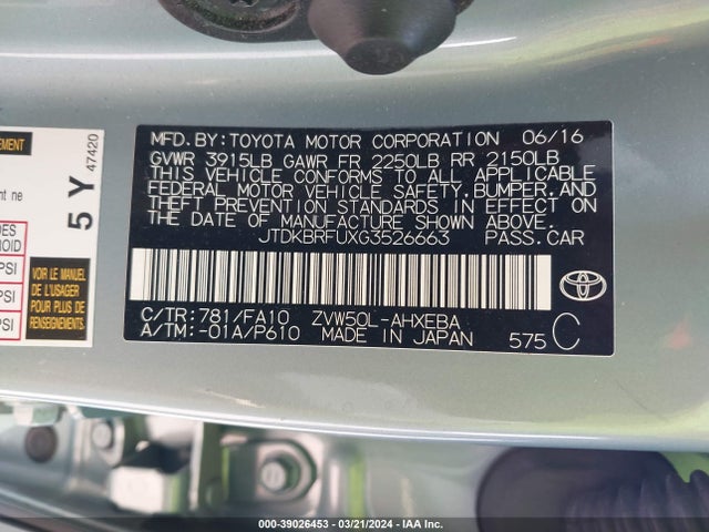Toyota Prius Two 2016 JTDKBRFUXG3526663 Image 9