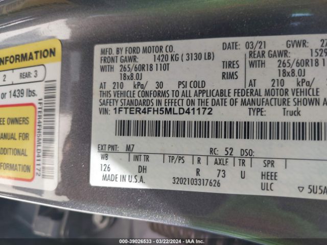 1FTER4FH5MLD41172 Ford Ranger Lariat