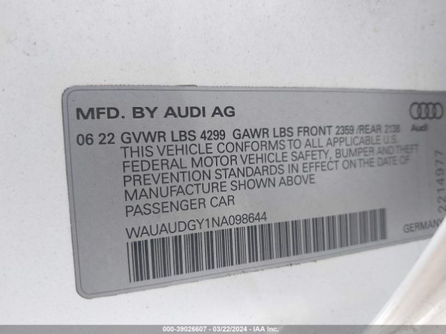 WAUAUDGY1NA098644 Audi A3 Premium 40 Tfsi Front-wheel Drive S Tronic
