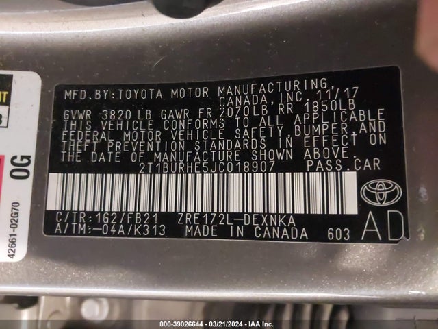 Toyota COROLLA LE 2018 2T1BURHE5JC018907 Image 9