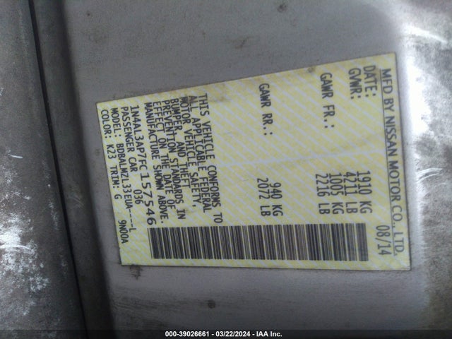 Nissan Altima 2.5 Sv 2015 1N4AL3AP7FC157546 Image 9