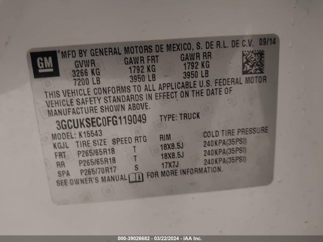 Chevrolet Silverado 1500 1lz 2015 3GCUKSEC0FG119049 Image 9