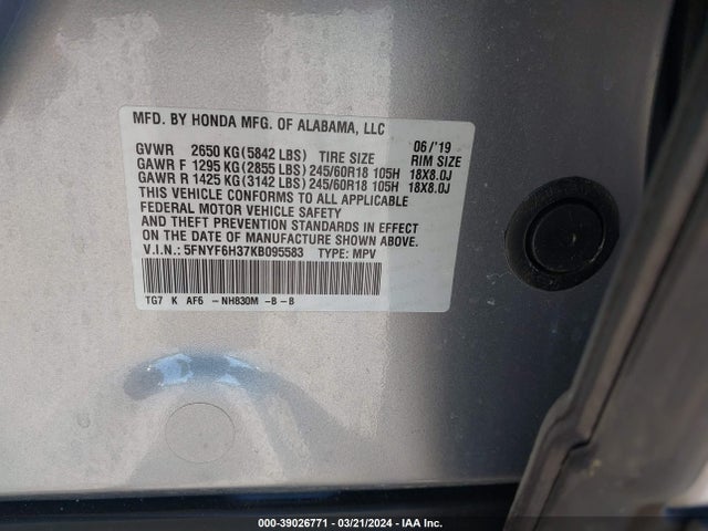 Honda Pilot Ex 2019 5FNYF6H37KB095583 Image 9
