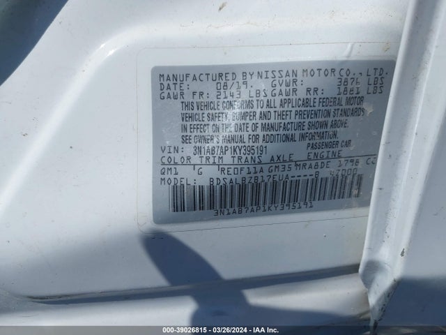 Nissan SENTRA S 2019 3N1AB7AP1KY395191 Image 9