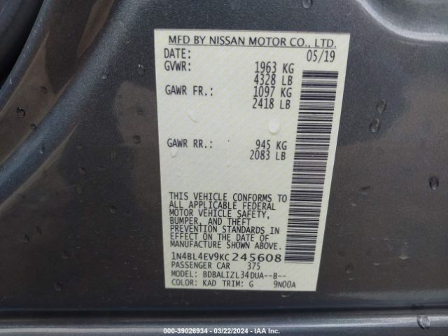 1N4BL4EV9KC245608 Nissan Altima 2.5 Sl