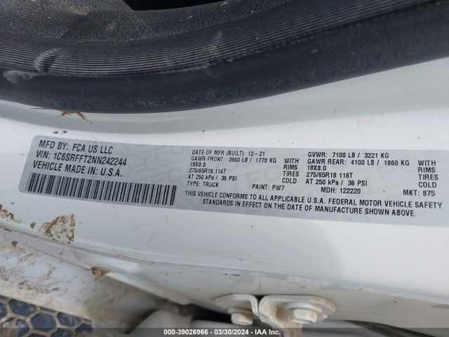 RAM 1500 Big Horn  4x4 5'7 Box 2022 1C6SRFFT2NN242244 Image 9