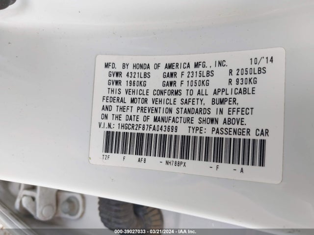Honda Accord Ex-l 2015 1HGCR2F87FA043699 Image 9
