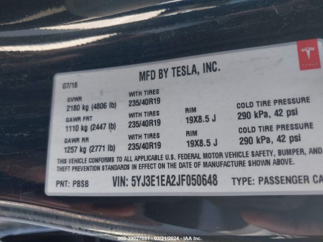 5YJ3E1EA2JF050648 Tesla Model 3 Long Range/mid Range