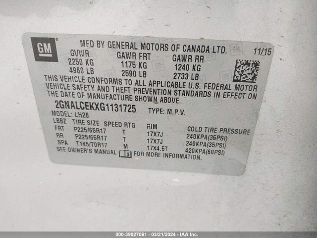 Chevrolet EQUINOX LT 2016 2GNALCEKXG1131725 Image 9